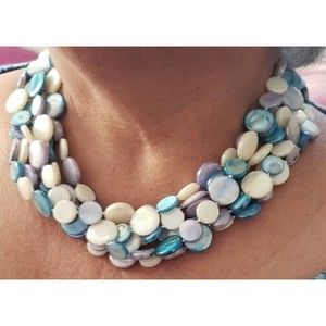 Sea Lily 6 Strand Mother of Pearl Necklace Blue & White $120 Retail